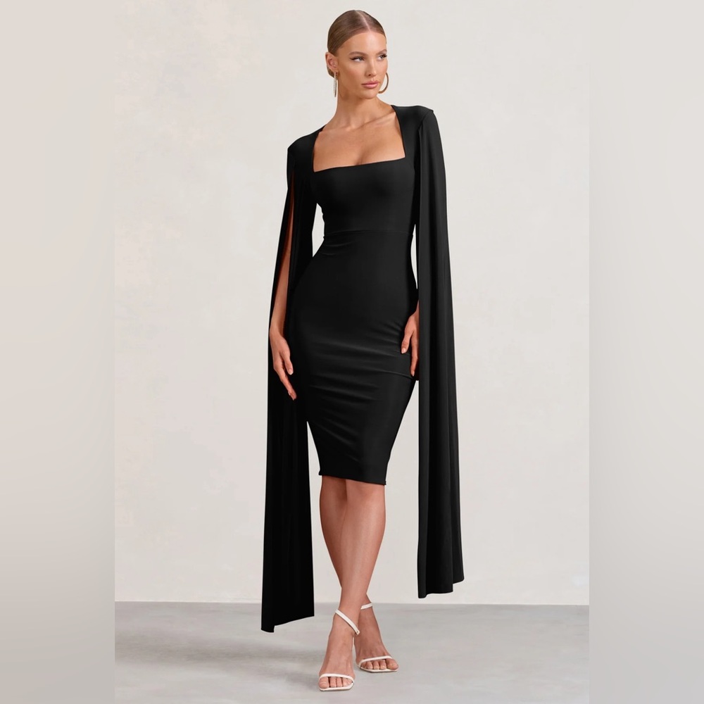 Black Midi Dress with Cape Sleeves